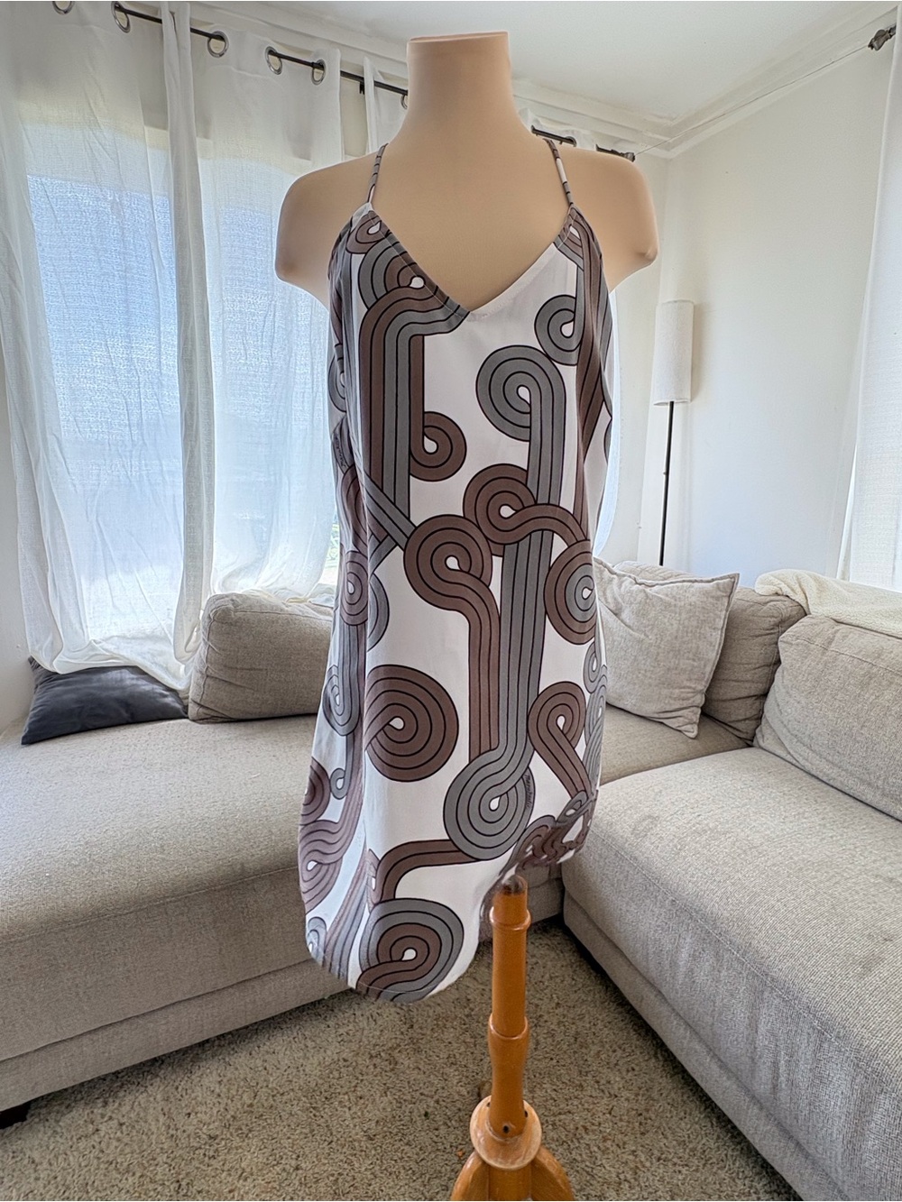 Manuhealii Brown & White Geometric Halter Mini Dress